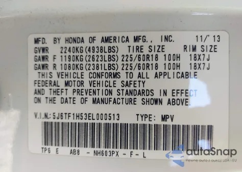 2014 Honda Crosstour Ex-L V6 z USA, uszkodzony, nr VIN 5J6TF1H53EL000513